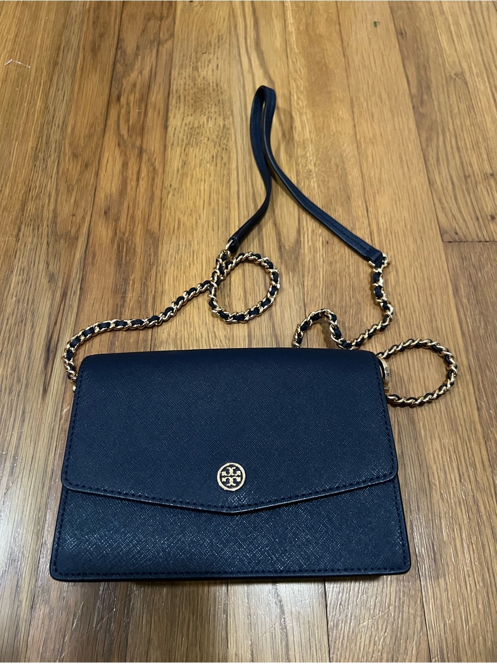 Tory Burch Navy Saffiano Leather Mini Crossbody with Gold Chain